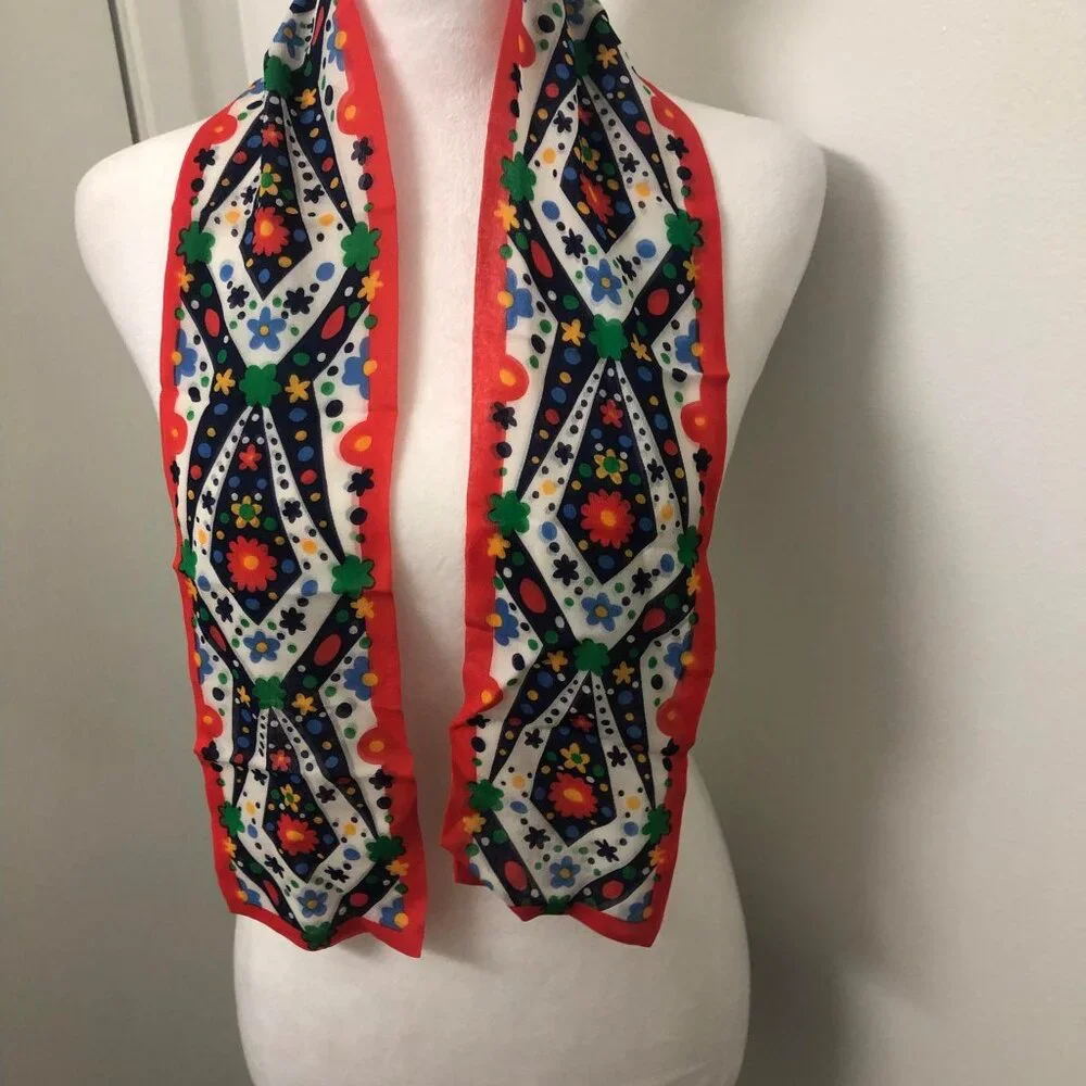 Vintage 1960s 1970s Cottagecore Folk Art Scarf